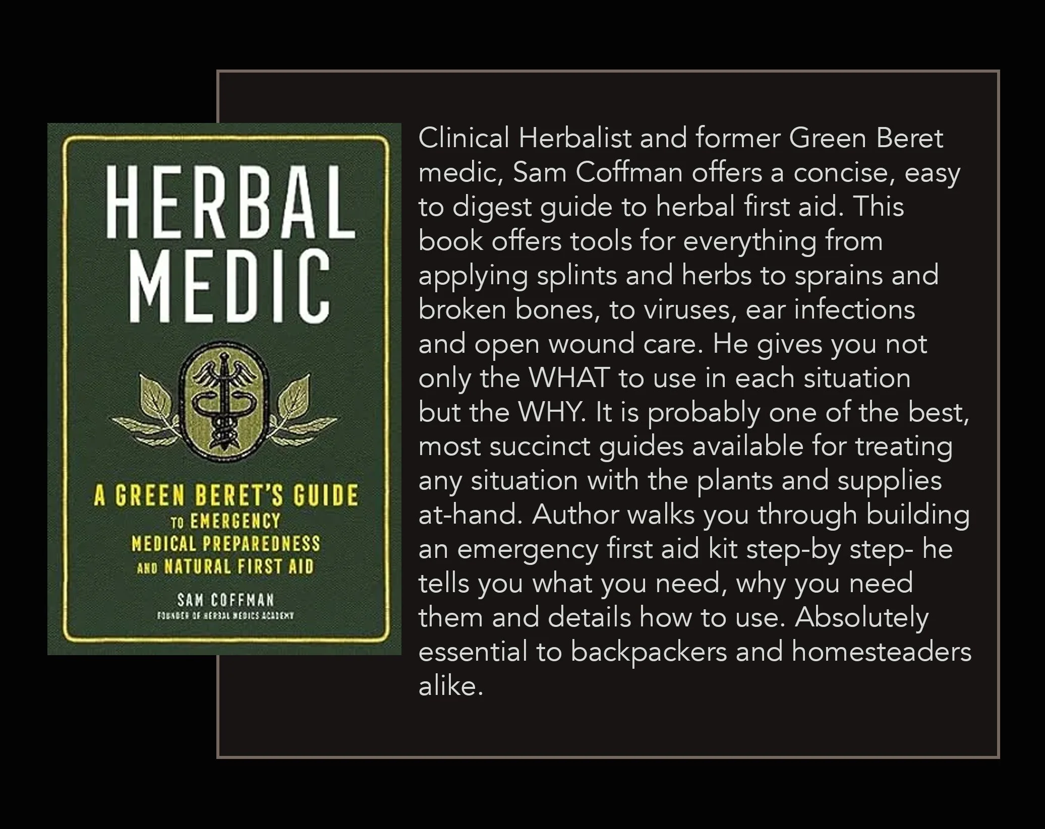Book cover titled "Herbal Medic" with a green background, caduceus symbol, and leaves, and a description of the book's contents about herbal first aid and emergency medical preparedness.