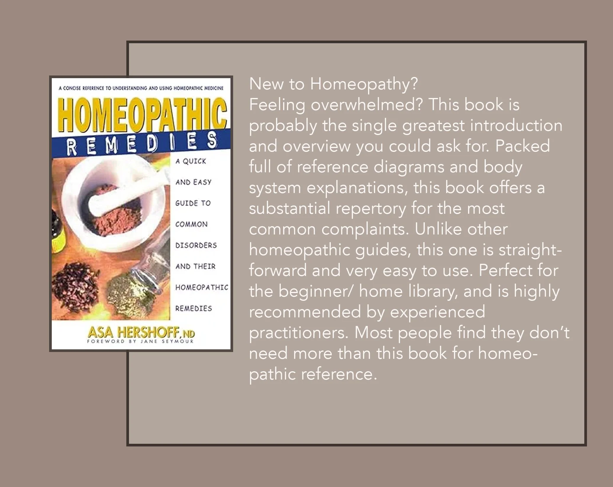 Book cover titled 'Homeopathic Remedies' with images of homeopathic ingredients like powders and pellets, and a mortar and pestle.