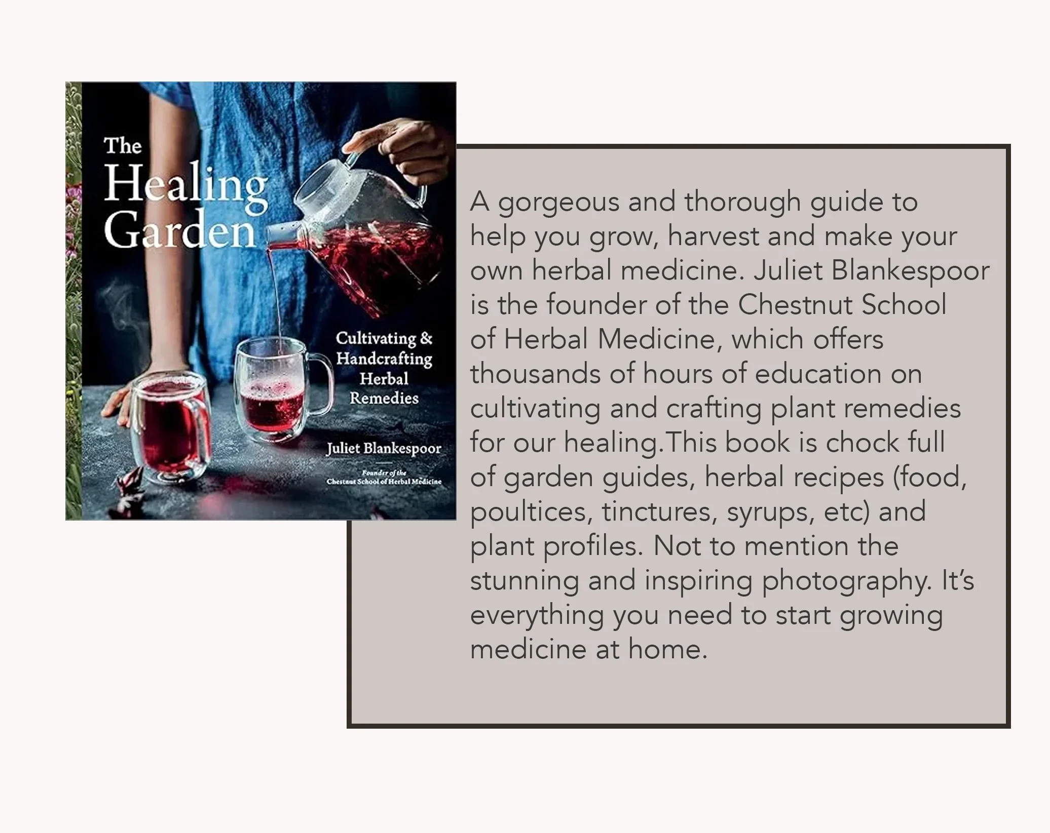 Cover of the book titled "The Healing Garden" by Juliet Blankespoor, depicting a person pouring herbal tea from a glass teapot into a mug, with another mug filled with herbal tea on a rustic surface.