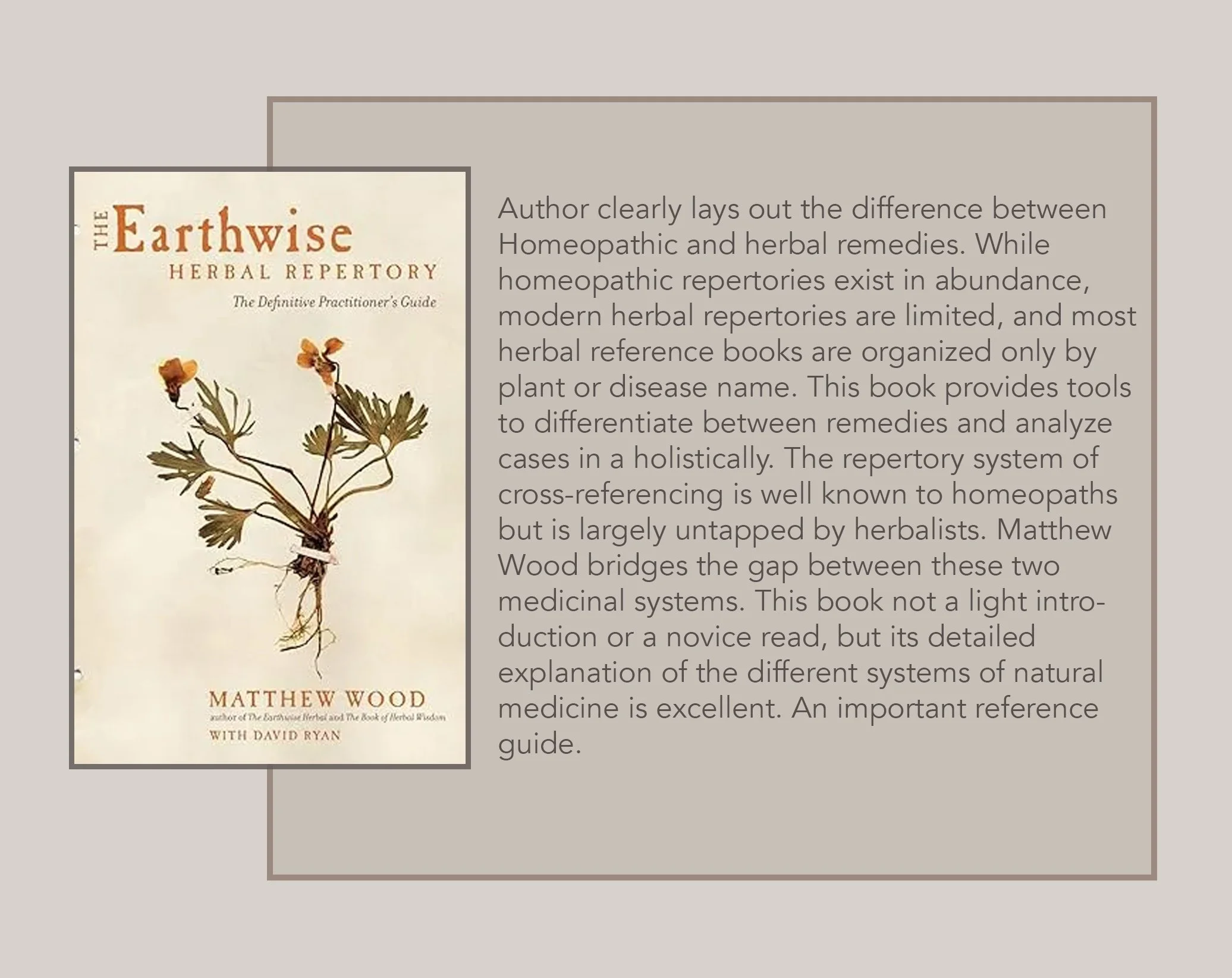 Book cover titled 'The Earthwise Herbal Repertory' by Matthew Wood featuring a botanical illustration of a plant with roots and flowers.