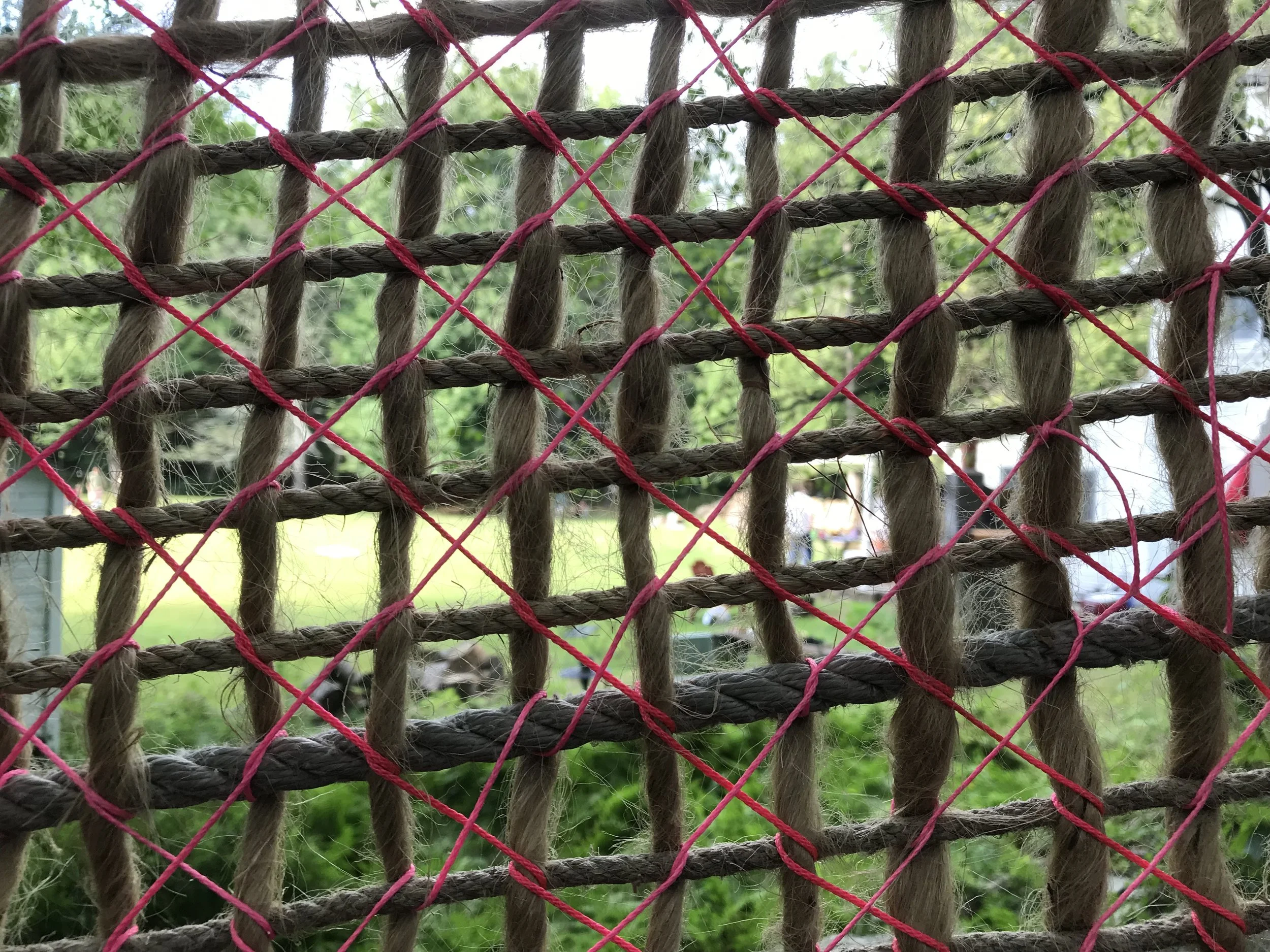  Listen,  2019  Repurposed rope and found objects, 36 ft x 5 ft 

Installation at White Rock Center for Sculptural Arts, Holmes, NY