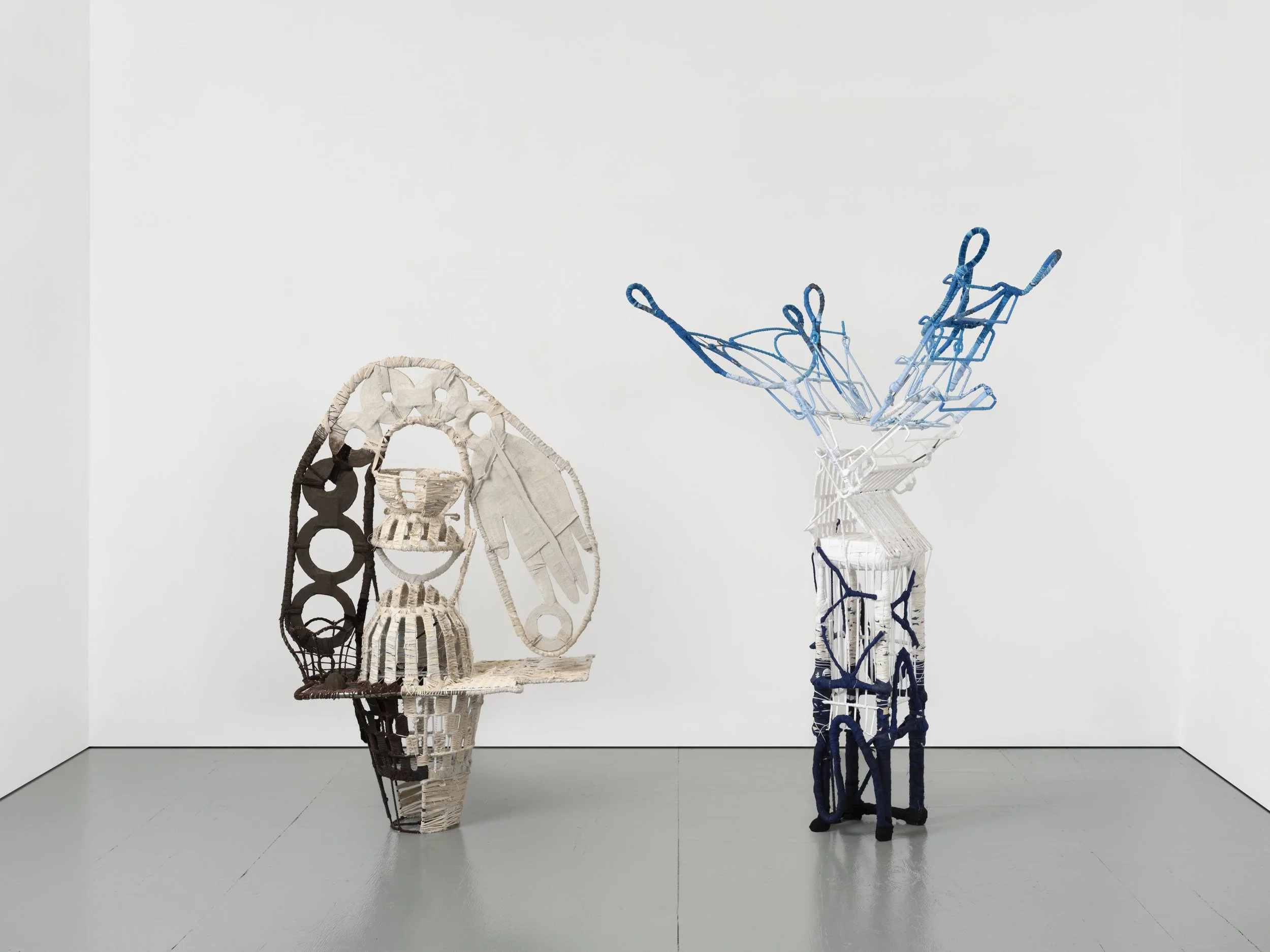  The Bean Counter,  2025 
Found objects, repurposed textiles, earth and mineral pigment 
59 x 60 x 16.5 inches
 
 The Sky Dancer,  2025 
Found objects and repurposed textiles 
68 x 40 x 32 inches
 
Image by Pierre Le Hors