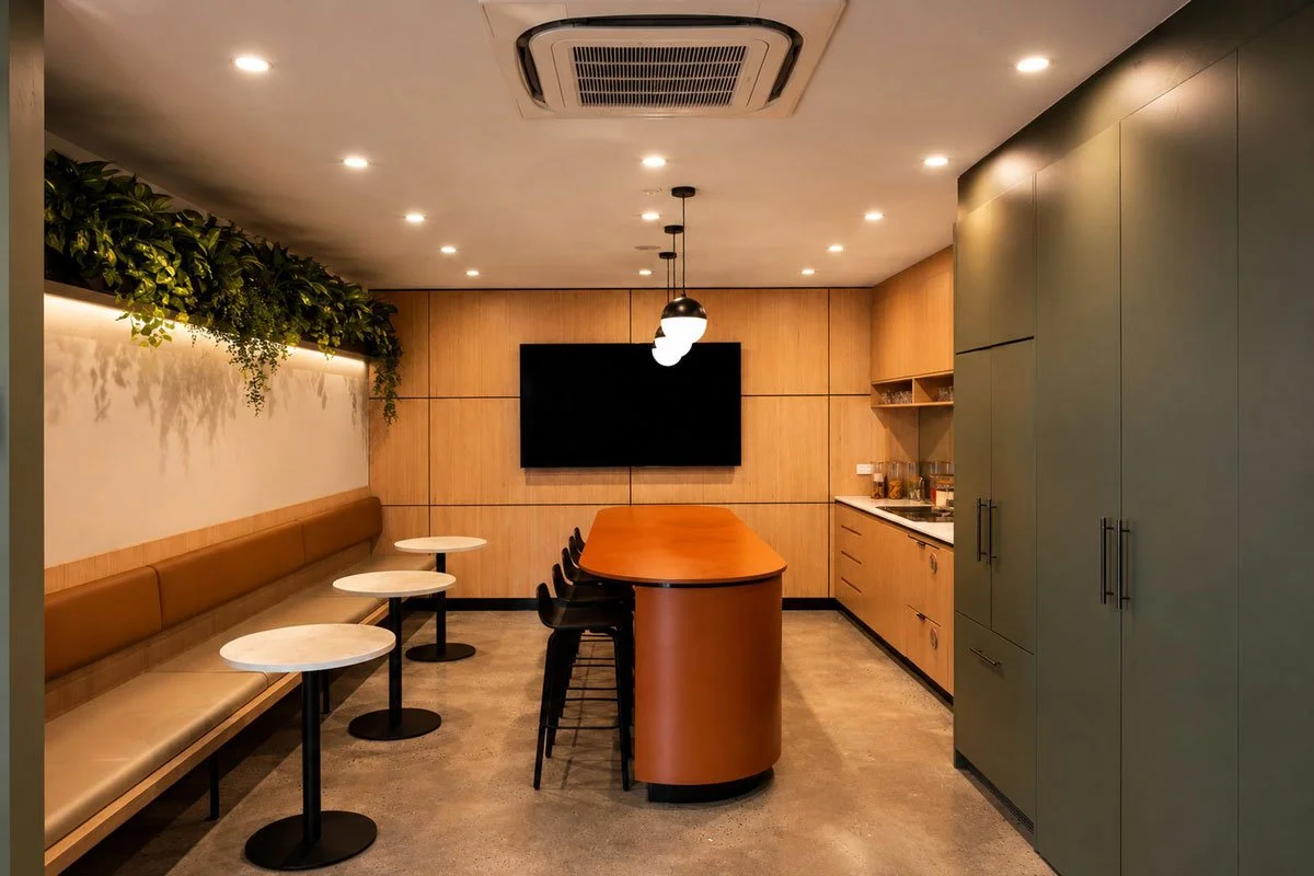 Kitchen area, warm colours and rounded corners