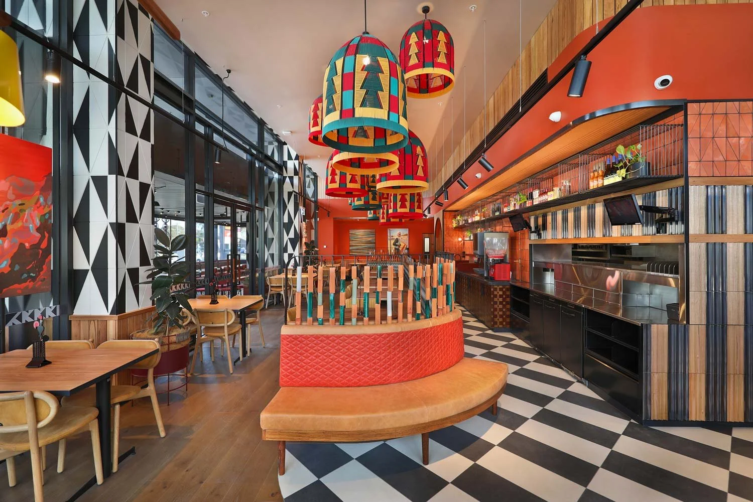 Nandos seating area with bold colours and patterns