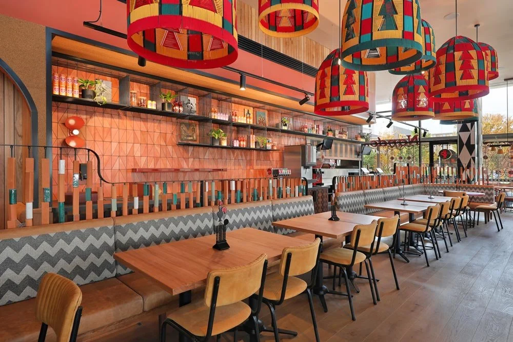 Seating area and bold lighting