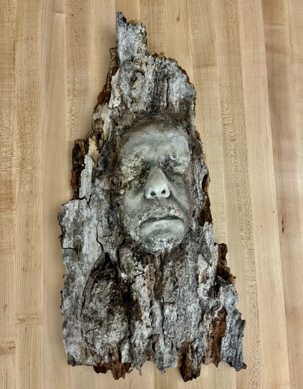 THE PROTECTOR, 2026, plaster, bark, watercolor 