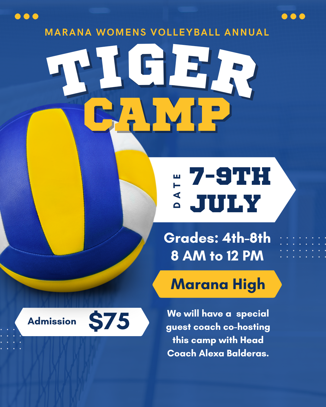 Two group photos of girls' volleyball teams in a gymnasium. The top photo features a group of young female players and coaches, some making peace signs and other playful gestures, with a girl lying on the floor holding a volleyball. The bottom photo shows a larger group of female players and coaches standing in front of a scoreboard, with an American flag hanging above, and a yellow banner on the right side.