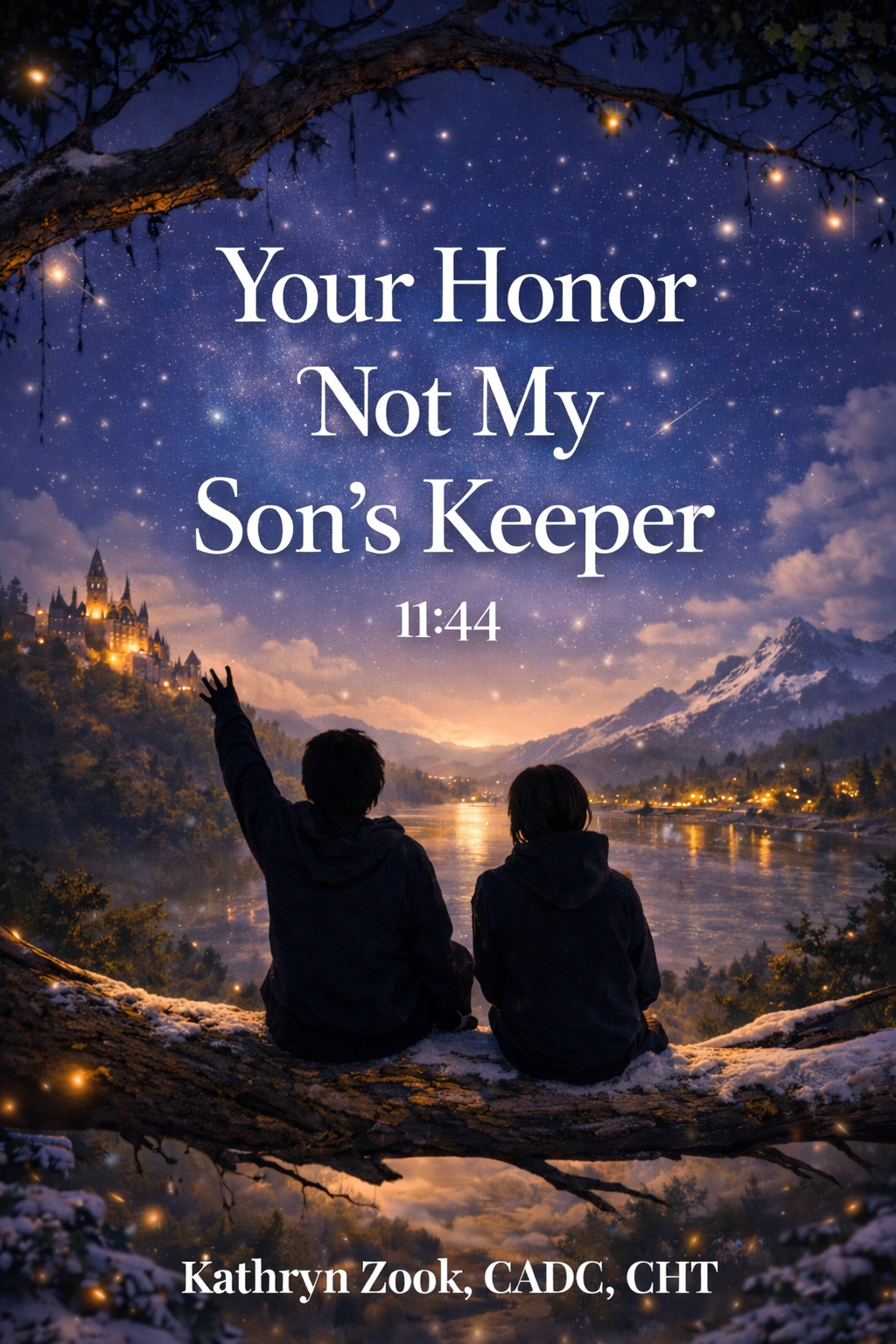 Two children sitting on a tree branch overlooking a lake at night with a starry sky, mountains, and a castle in the background. Overlaid text reads: "Your Honor Not My Son's Keeper 11:44 Kathryn Zook, CADC, CHT."