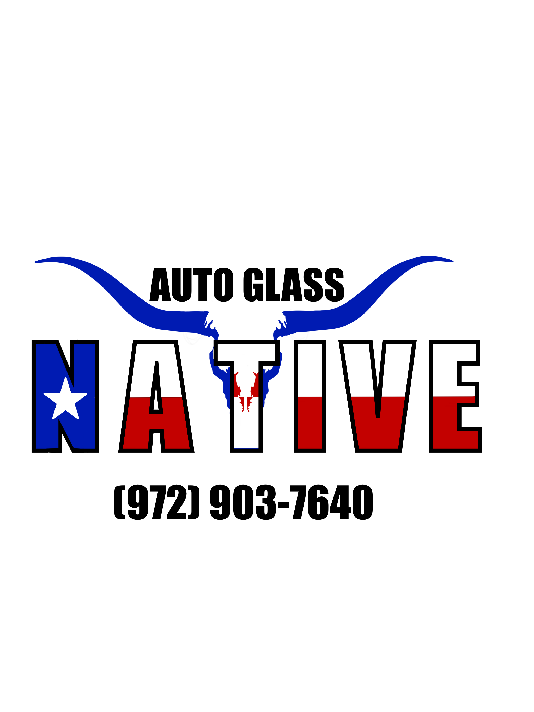 Auto Glass Native logo, red, white and blue themed. (972) 903-7640 phone number incorporated into the logo. Auto Glass Native is based in the southern Dallas, TX metroplex.