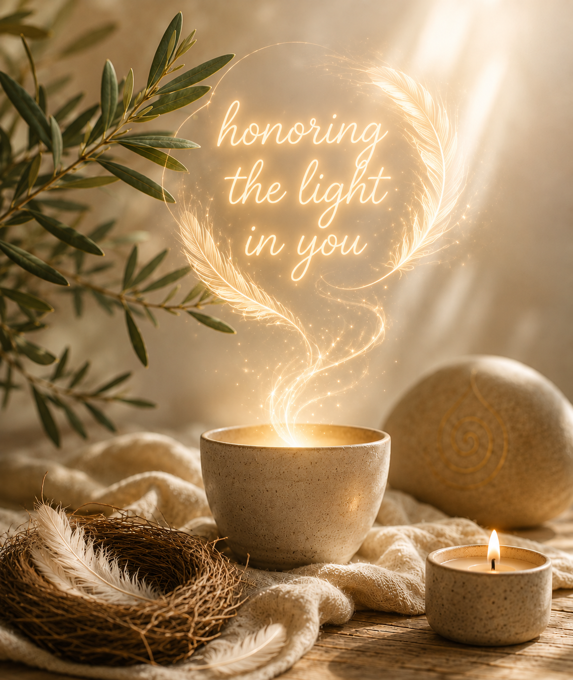 A decorative setup with a lit candle, a bowl emitting a glowing, sparkly smoke, a decorative stone, green leaves, a feather, and an inspirational quote saying 'honoring the light in you' in a glowing script, with warm lighting ambiance.