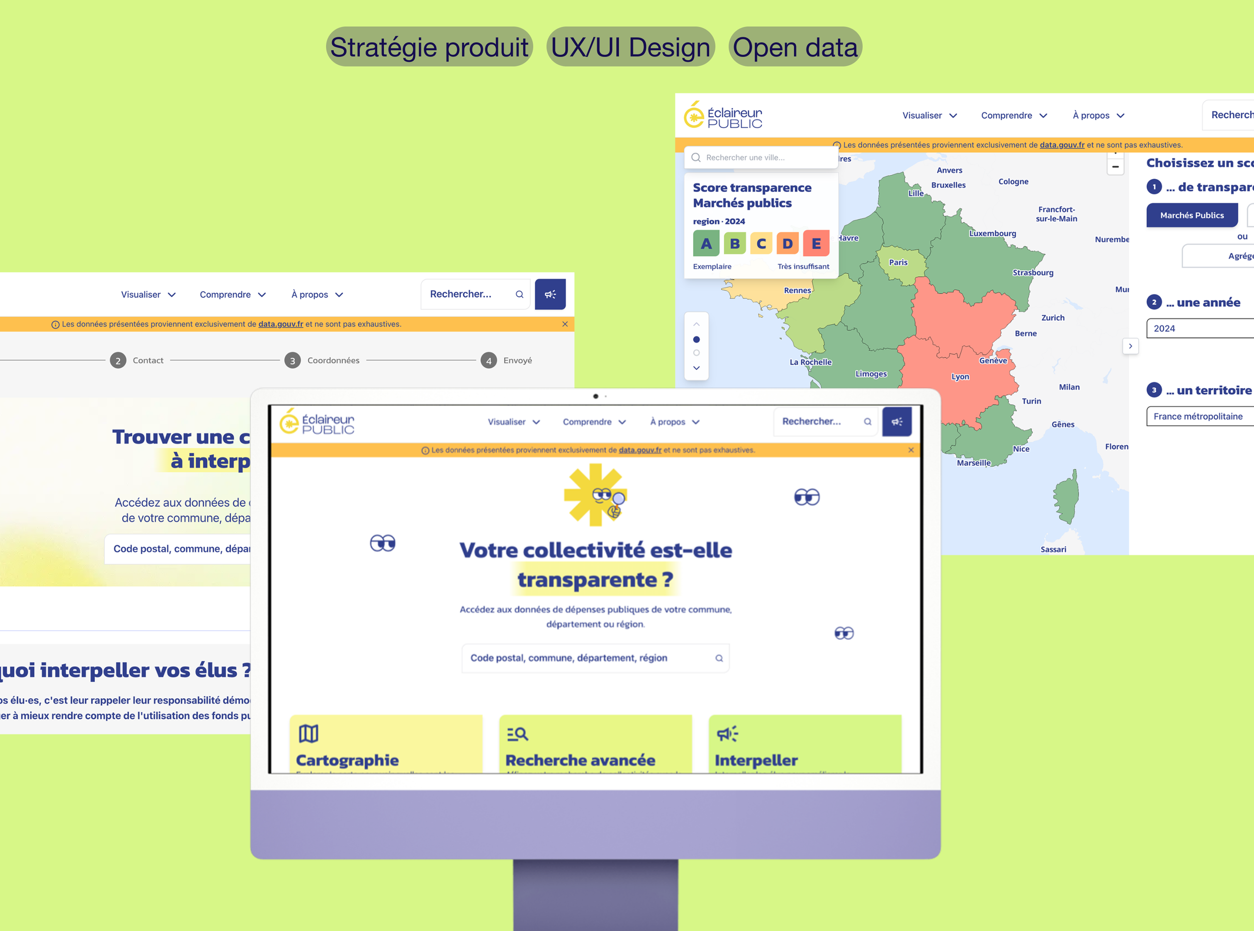 Capture d'écran du site web Éclaireur Public, présentant une carte de France colorée par régions, avec un menu de recherche et des options pour visualiser des données publiques, axé sur la transparence et l'interpellation des collectivités.