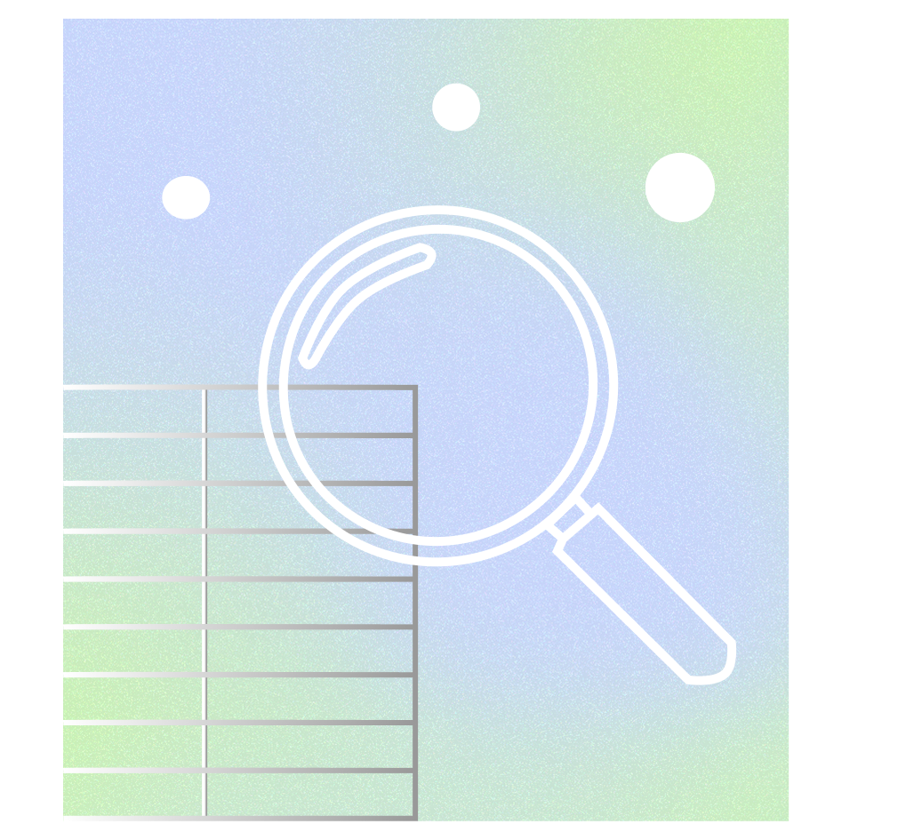 Illustration minimaliste d'une grille ou un diagramme avec une loupe à l'avant-plan, sur un fond dégradé pastel de bleu, vert et violet