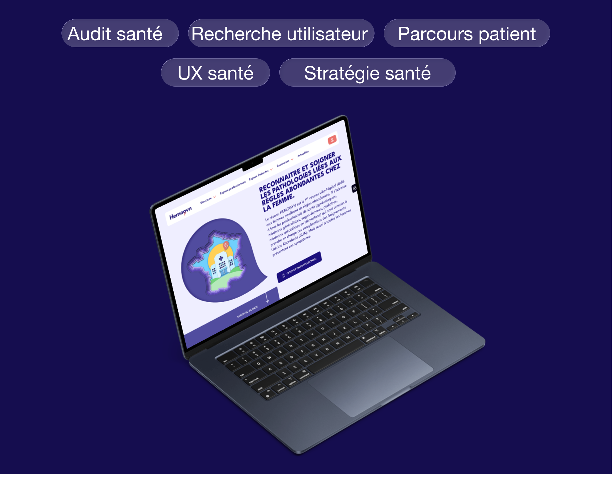 Une capture d'écran d'un site web médical ou de santé affichée sur un ordinateur portable en orientation paysage, avec une barre de navigation en haut et un graphique ou un logo représentant la santé et la médecine.