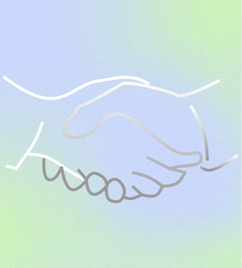 Une illustration minimaliste d'une poignée de main formée par des lignes continues blanches et grises sur un fond dégradé de couleurs pastel.