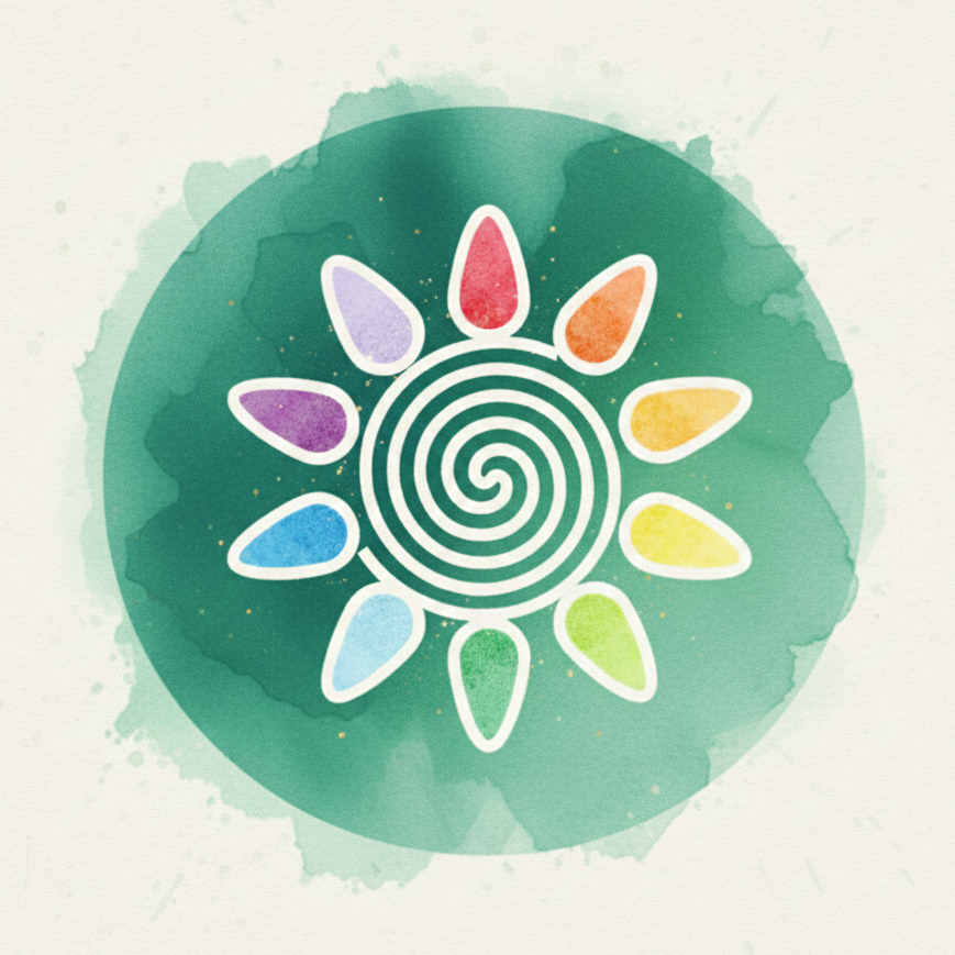 A colorful logo featuring a spiral at the center with petal-like shapes in rainbow colors around it, set against a green watercolor circle background.