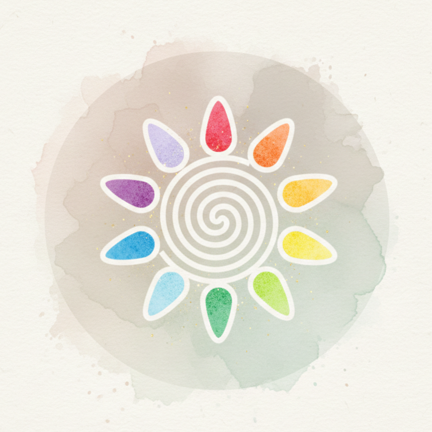 Colorful spiral with petal shapes surrounding it, arranged in a circle, against a soft watercolor background.