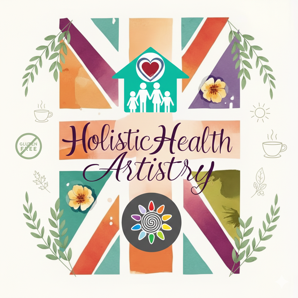 holistic health artistry watercolour logo on colourful uk flag with gluten free sign autoimmune living transition in life