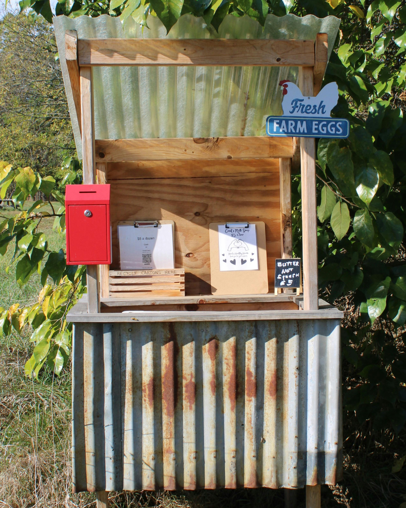 A wooden and metal farm egg stand with a red mailbox, sign that reads "Fresh Farm Eggs," and other signs advertising pricing and product info, set against green foliage.