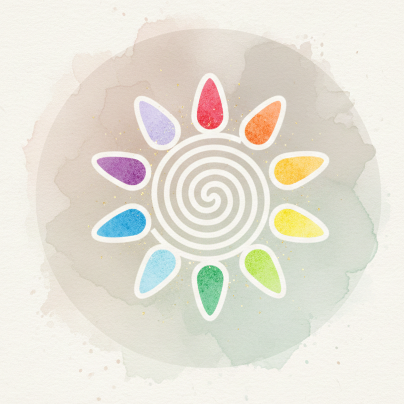 A stylized rainbow-colored flower with petals in a spiral pattern around a gray swirl in the center, set against a light watercolor background.