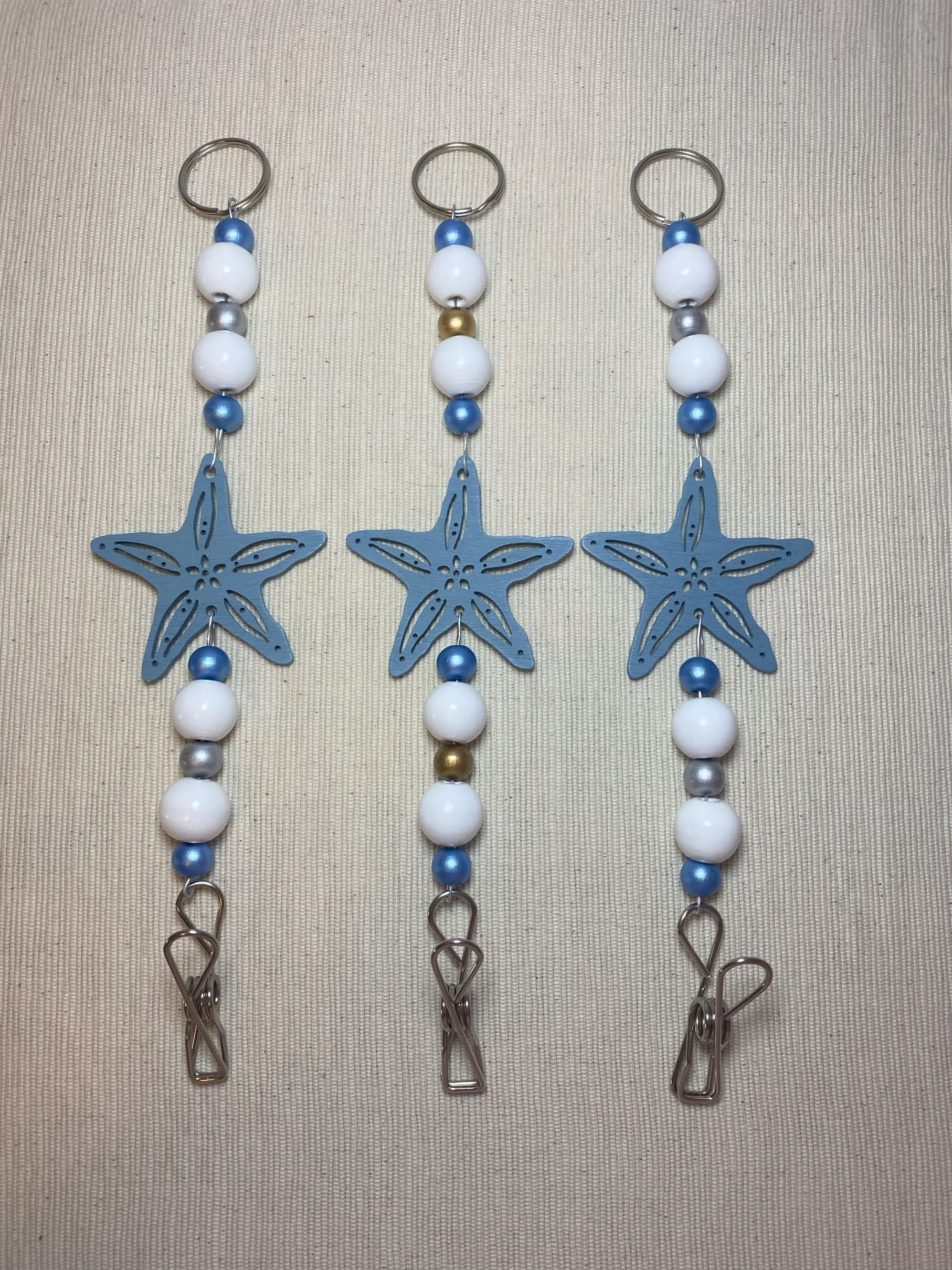 Light Blue Starfish Mozzie Coil Hangers, Large White Beads, Blue, Sliver & Gold Metallic Beads