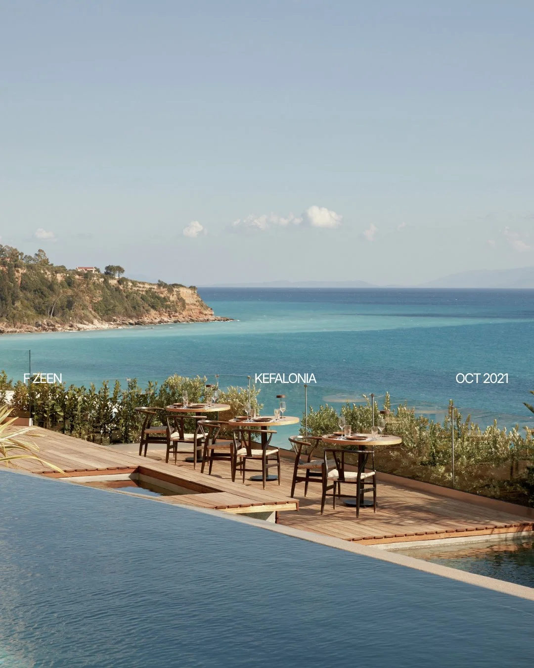 Forget the white-cube postcard, this is the other Greece. F Zeen sits high on a Kefalonia hillside, olive groves tumbling down to the Ionian, where the days are barefoot, the food comes from just up the road, and nobody's in a hurry. Blue on blue, an
