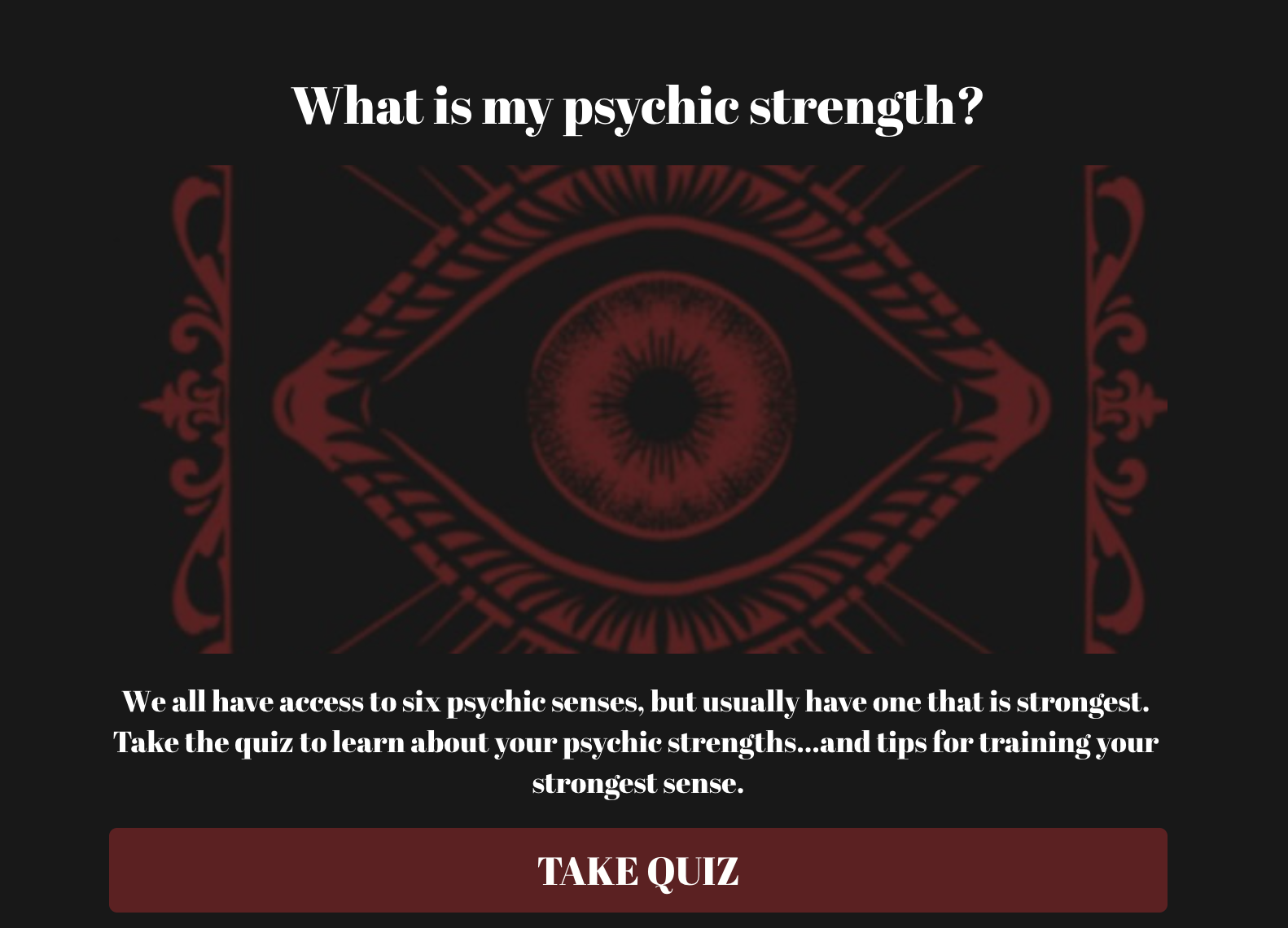 Psychic development quiz graphic, red eye on black background "What is my psychic strength?"