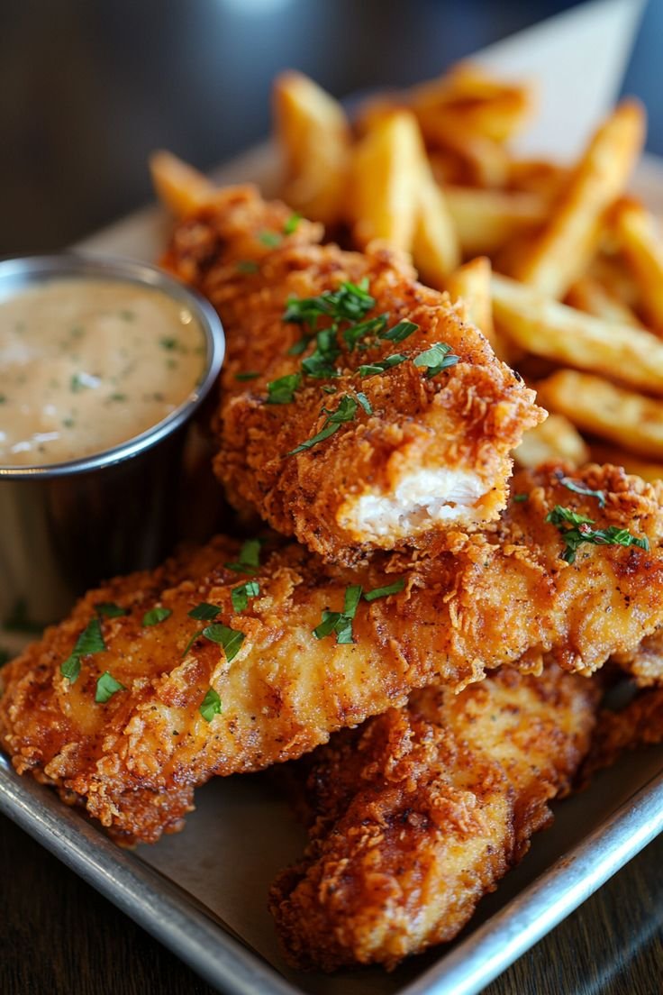 Fried chicken tenders with chopped parsley, served with French fries and a side of gravy or dipping sauce on a metal tray.