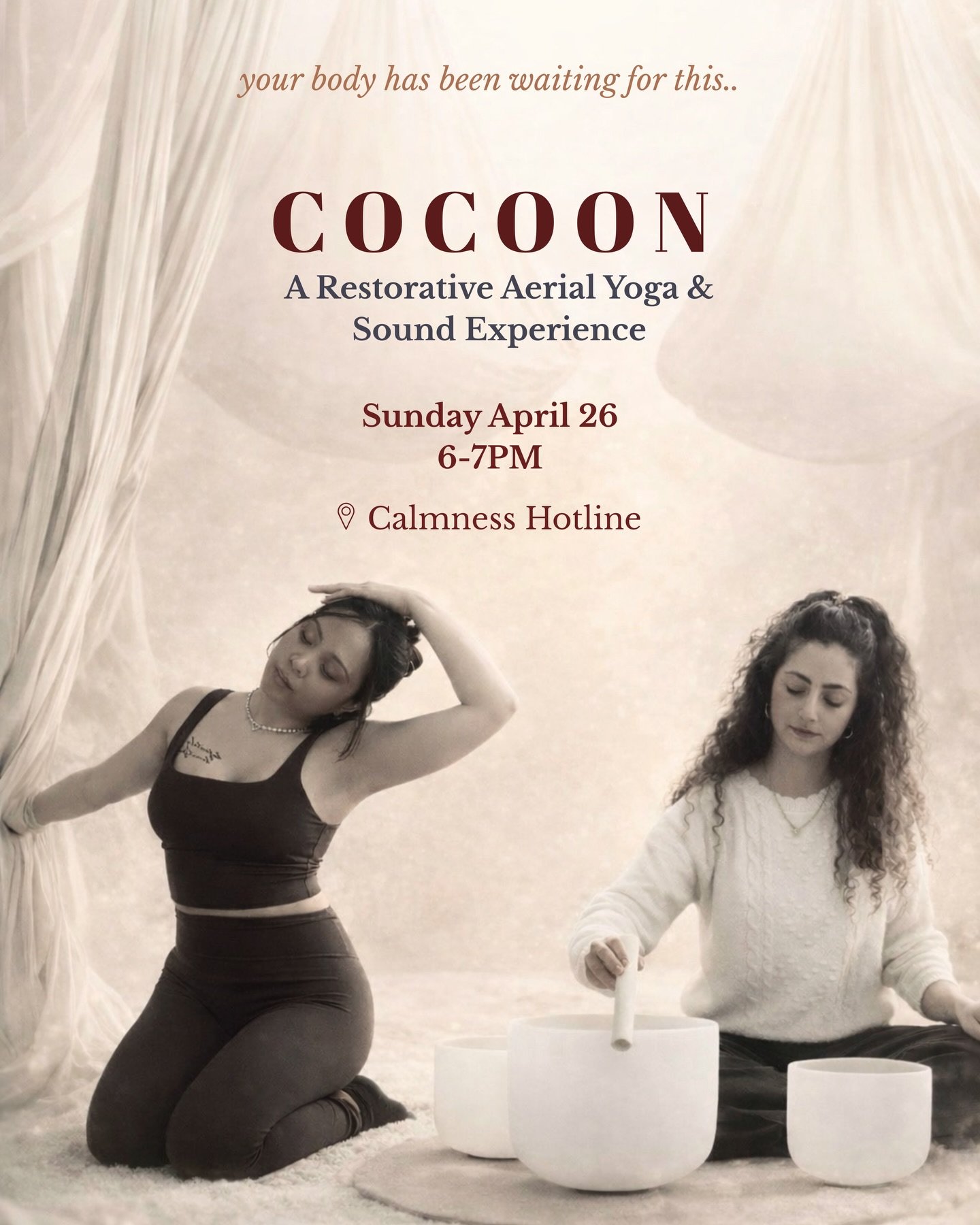 Cocoon was born out of a deep need for restoration amid these intense times.

Yentle &amp; I invite you into a restorative aerial yoga and sound experience where the silk hammock holds you, gentle guidance moves you through graceful release, and a li