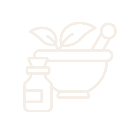 Line drawing of a bowl with herbs, a small bottle, and a pestle.