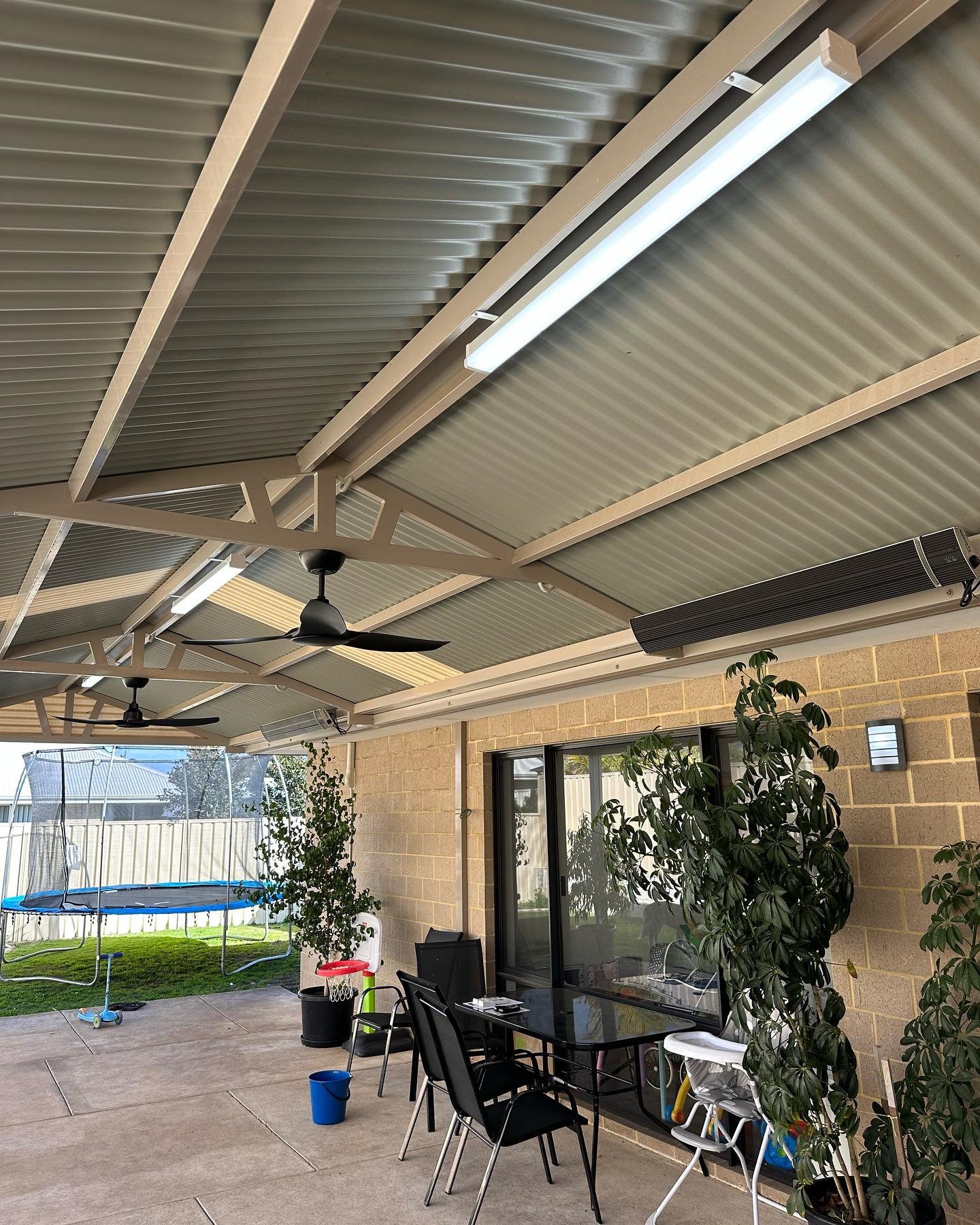 Perfect patio complete with lights, fans and heaters from today ⚡️💡