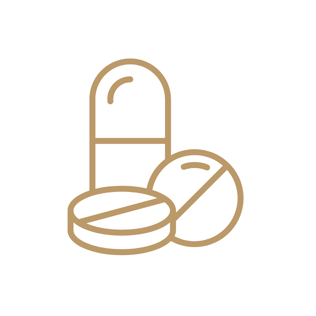 Outline of various pills and capsules in beige color on a black background.
