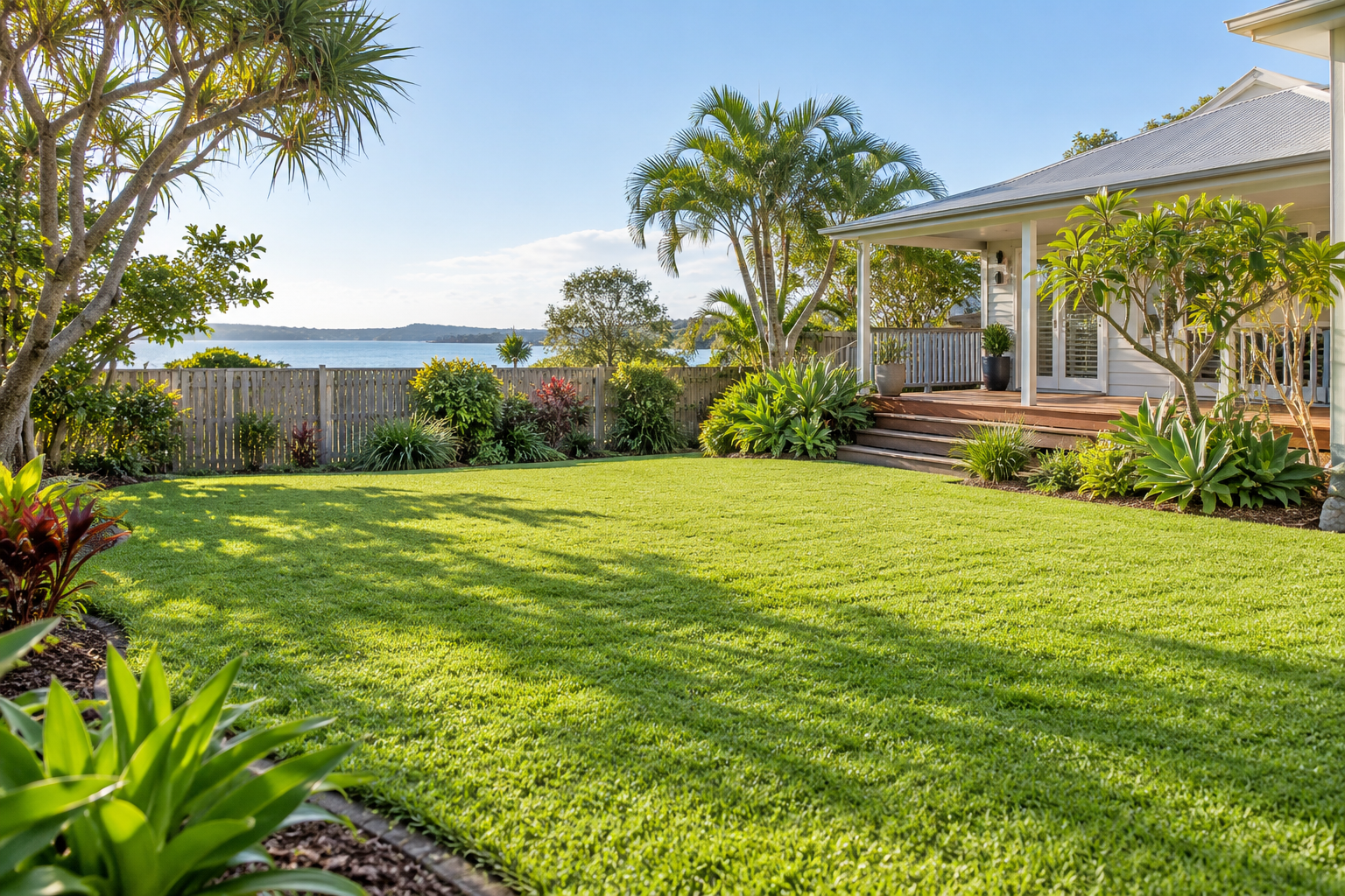 Well-maintained backyard lawn with a tropical garden and timber deck.