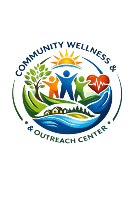 Logo featuring a sun, tree, people holding hands, a heart with a heartbeat line, water, and the words "Community Wellness & Outreach Center."