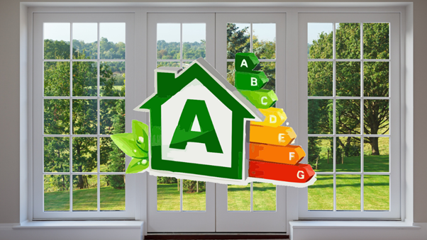 Illustration of an energy-efficient home with an colorful energy rating scale from green to red, set against a large window overlooking a green landscape.