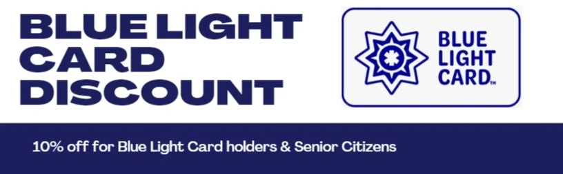 Blue Light Card Discount offer sign with text and logo, offering 10% off for cardholders and senior citizens.