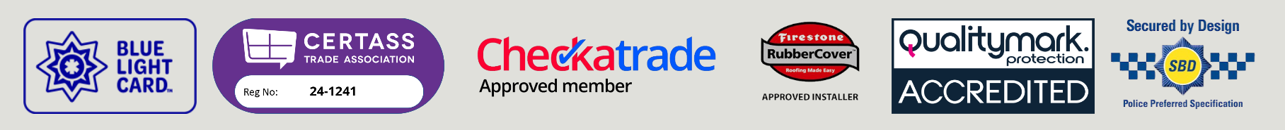 Collection of logos for Blue Light Card, CertASS Trade Association, Checkatrade, Firestone RubberCover, Qualitymark protection, and SBD security, all associated with professional trades and services.