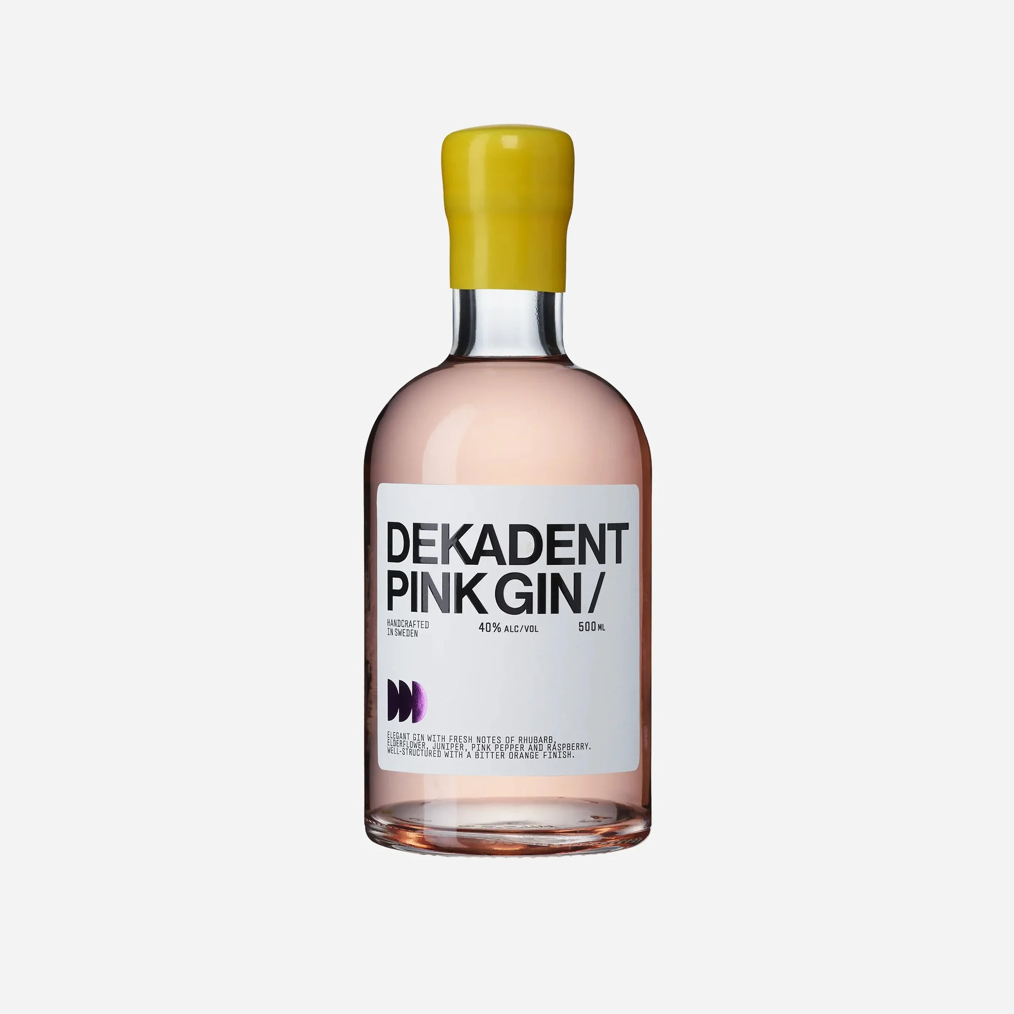 Bottle of Dekadent Pink Gin with a yellow cap and minimalist white label describing the flavor profile with rhubarb, elderflower, pink pepper, and raspberry notes.