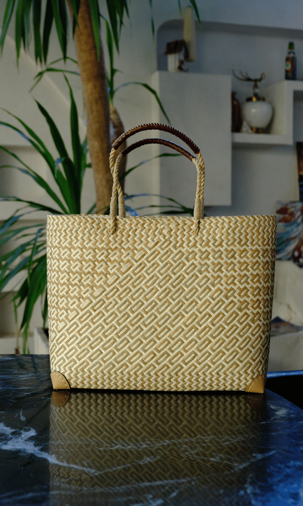 The Na Nu Tote displayed in a modern indoor setting with tropical foliage, highlighting its neutral geometric pattern and natural fibre texture.