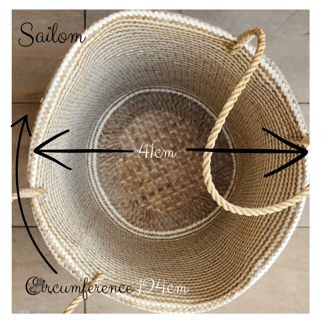 Top view of the Sailom basket with measurement overlay showing diameter (41cm) and circumference (124cm).