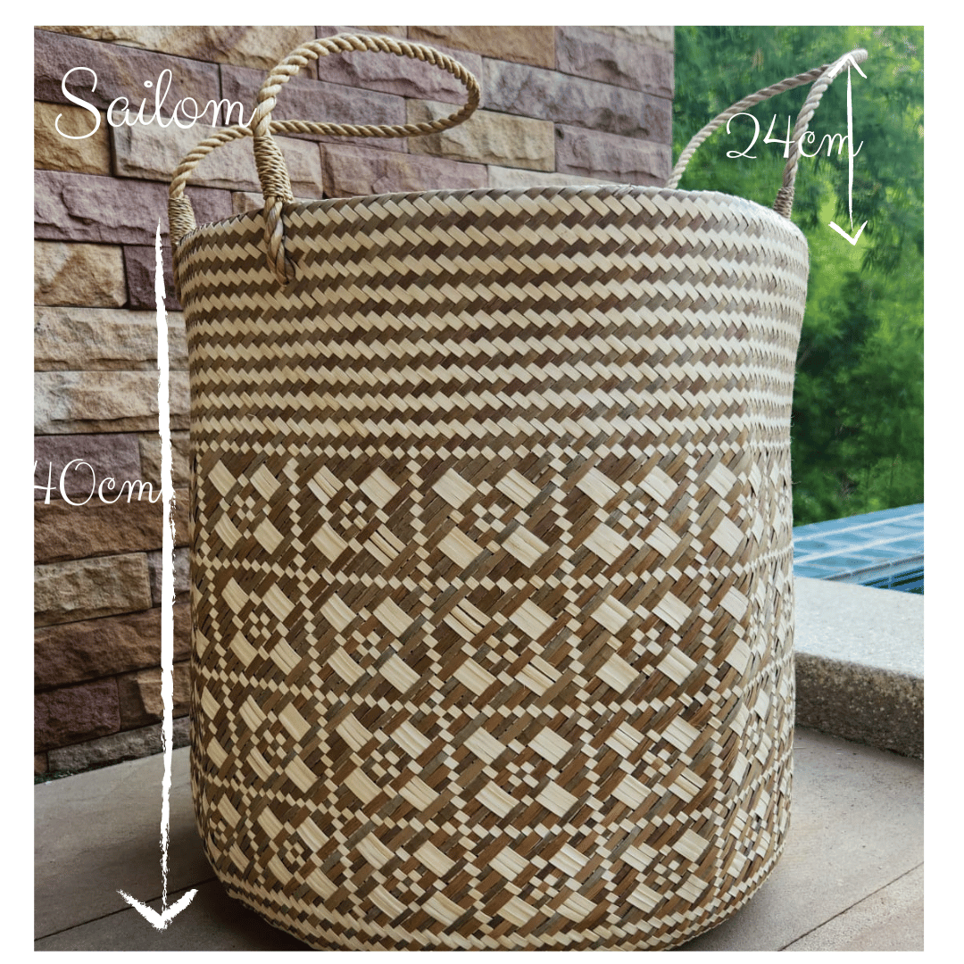 The Sailom basket sits outdoors beside a stone wall; a size overlay shows height as 44cm.