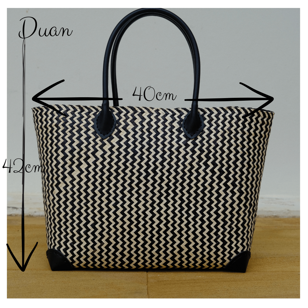 Straight-on view showing a full measurement overlay of the tote — 40cm wide, 40cm tall including handles — with the face of the Chihuahua centered on the front.