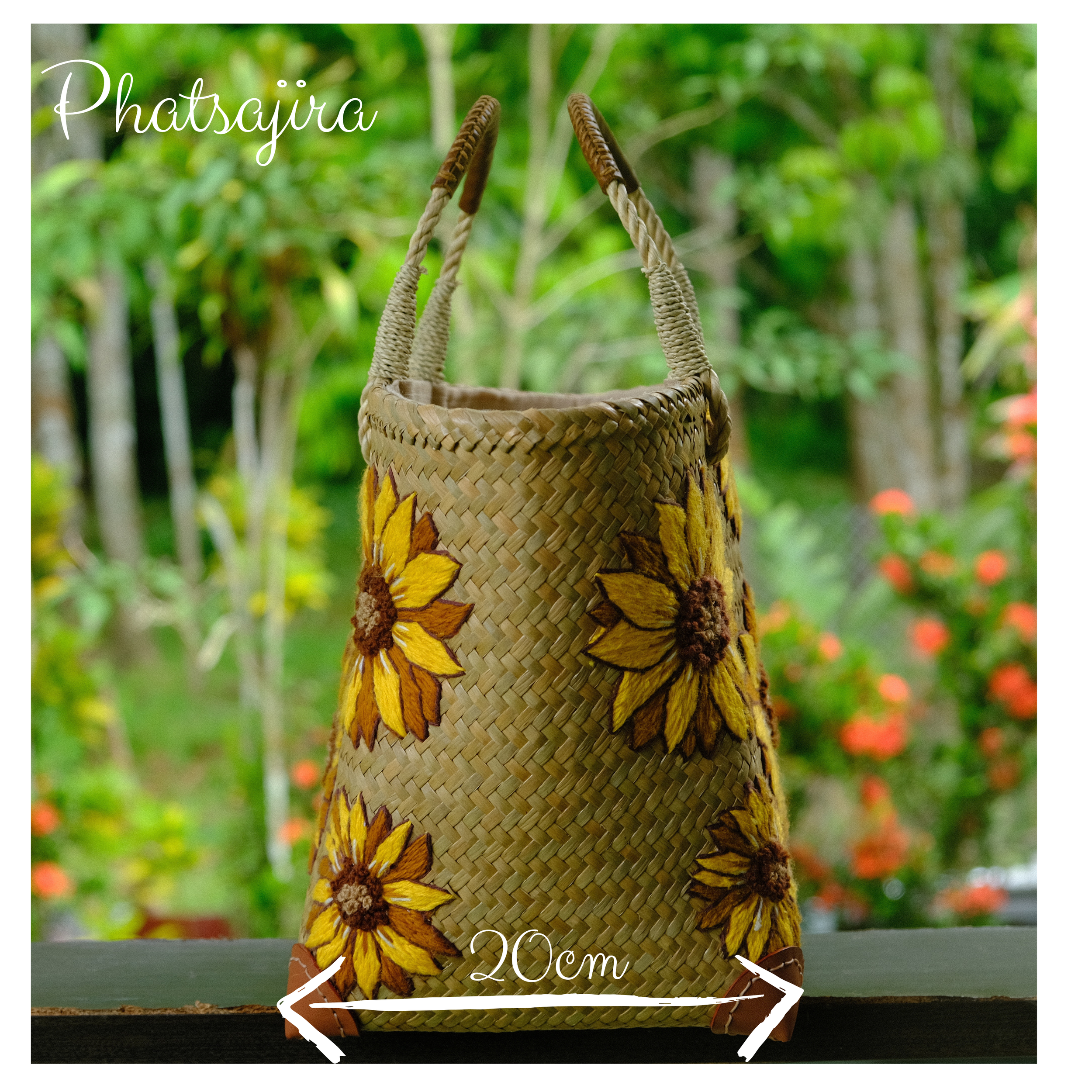 Side profile of handwoven sunflower tote bag showing depth and curved silhouette, with white text overlay indicating 20cm base width.
