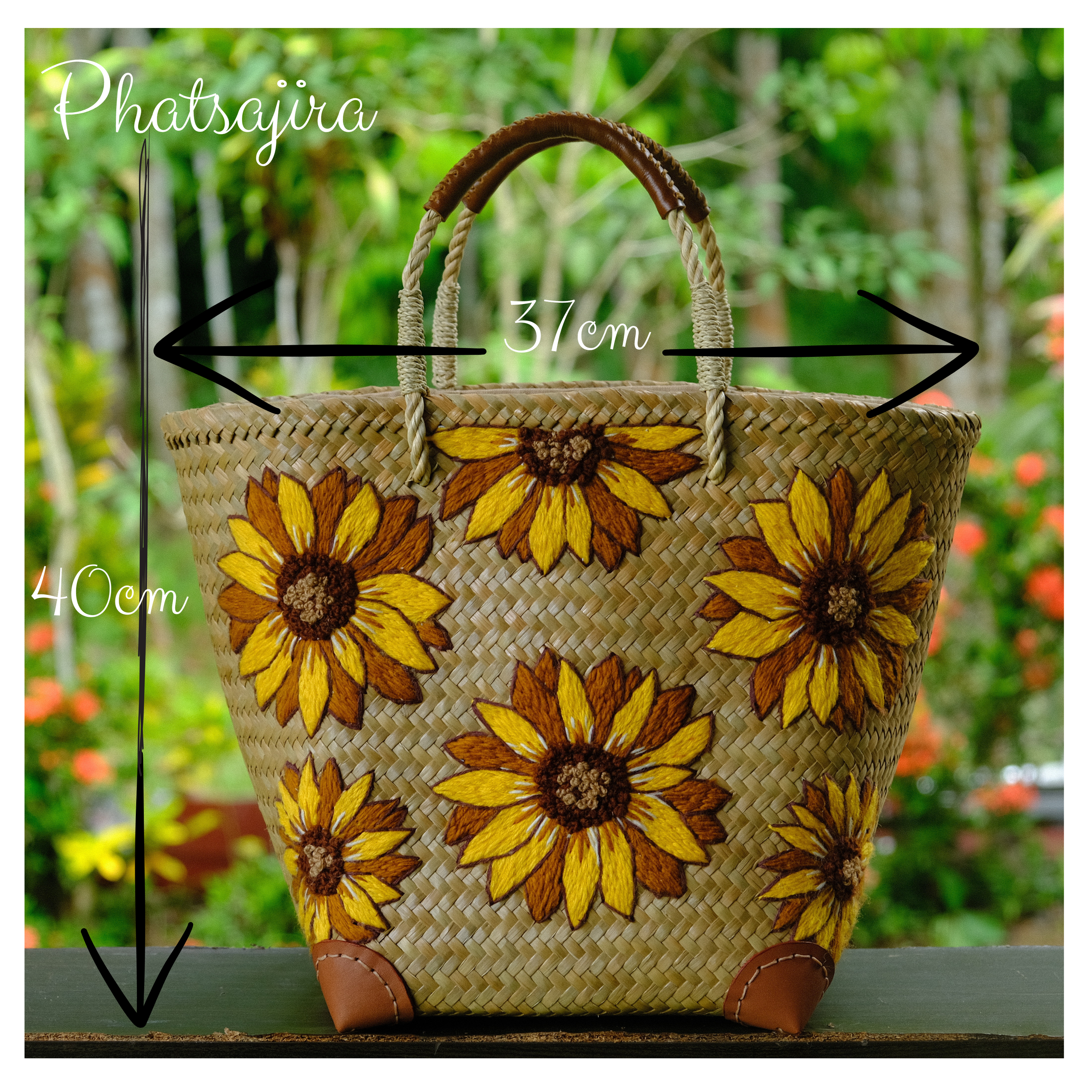 Front-facing product shot of the Phatsajira Sunflower tote with visible measurements, showing its generous size and symmetrical sunflower embroidery.