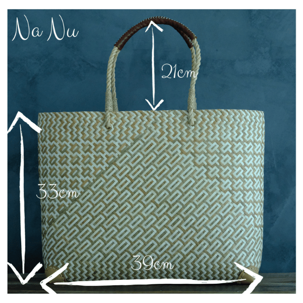 Front view of the Na Nu Tote with measurement overlay: 35cm tall, 34cm wide, and 21cm handle drop. Showcases clean lines and woven craftsmanship.