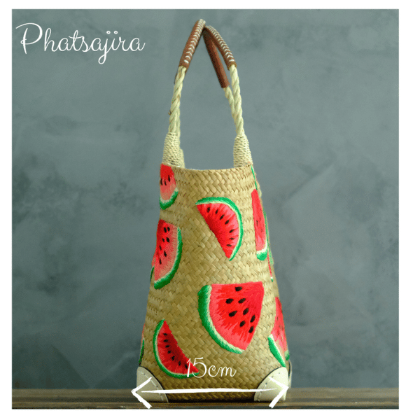 Side profile measurement graphic of the Watermelon Bites tote, displaying the 15cm depth and highlighting the embroidered detail along the sides.