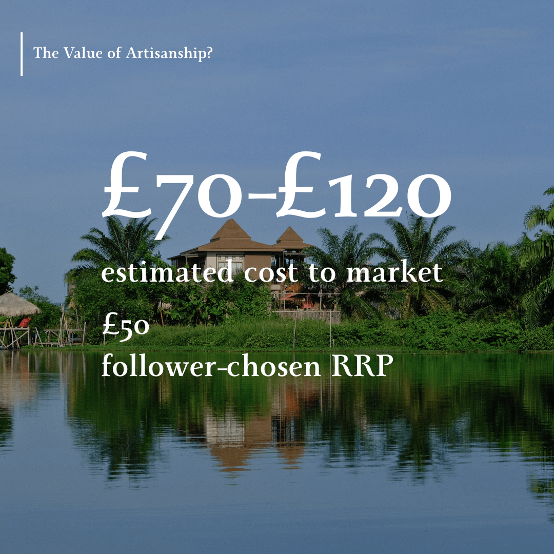 A traditional Thai house with an overlay showing cost to market of a bag