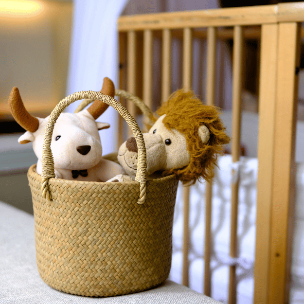 The Tung Dek basket used as toy storage beside a crib, filled with plush animals to highlight its suitability for children’s rooms.