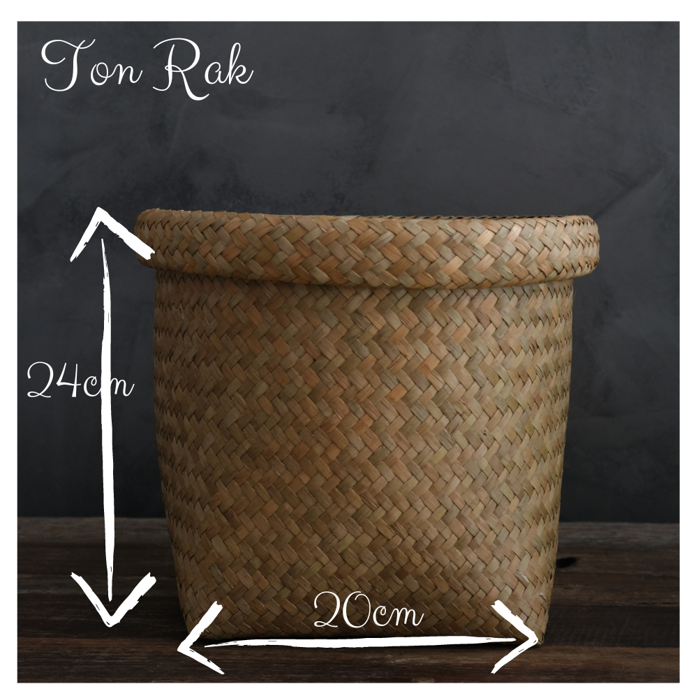 Front view of the largest Ton Rak basket labeled with dimensions: 24cm height and 30cm width against a moody grey background.