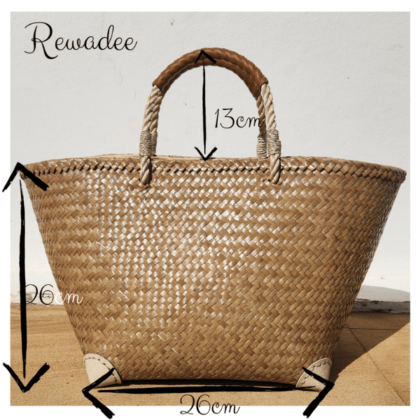 Front view of Rewadee tote with dimensions labeled, highlighting its width, height, and spacious open-top design.