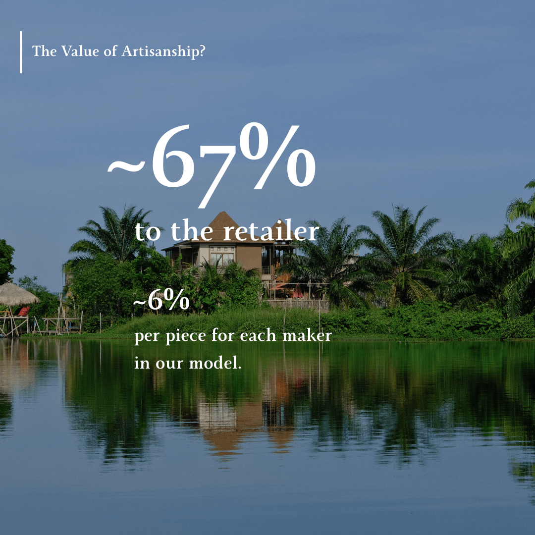 A traditional Thai house on the river overlaid with a graphic showing the proportion of RRP that goes to the retailer